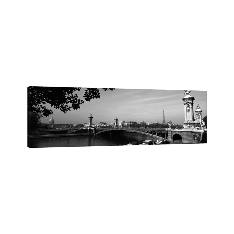 Pont Alexandre III And A Distant Eiffel Tower In B&W, Paris, Ile-De-France, France - Wrapped Canvas Panoramic Print