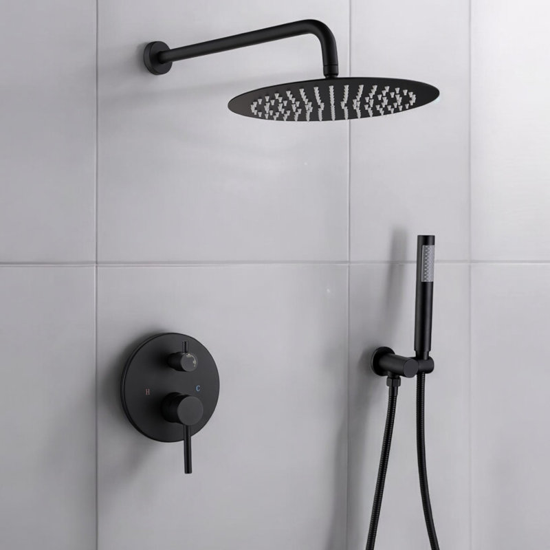 12" Round Shower Head Pressure Balanced Shower Faucet System With Handheld Spray, Matte Black