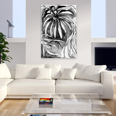 «Shadow Blooms III», art botanique contemporain noir et blanc, illustration de fleurs monochromes, grandes marguerites