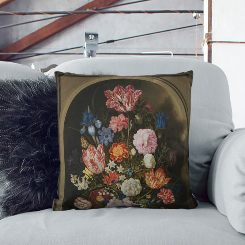 Still Life With Flowers Vol.7 Square Throw Cushion, 40cm H x 40cm W x 15cm D, Black