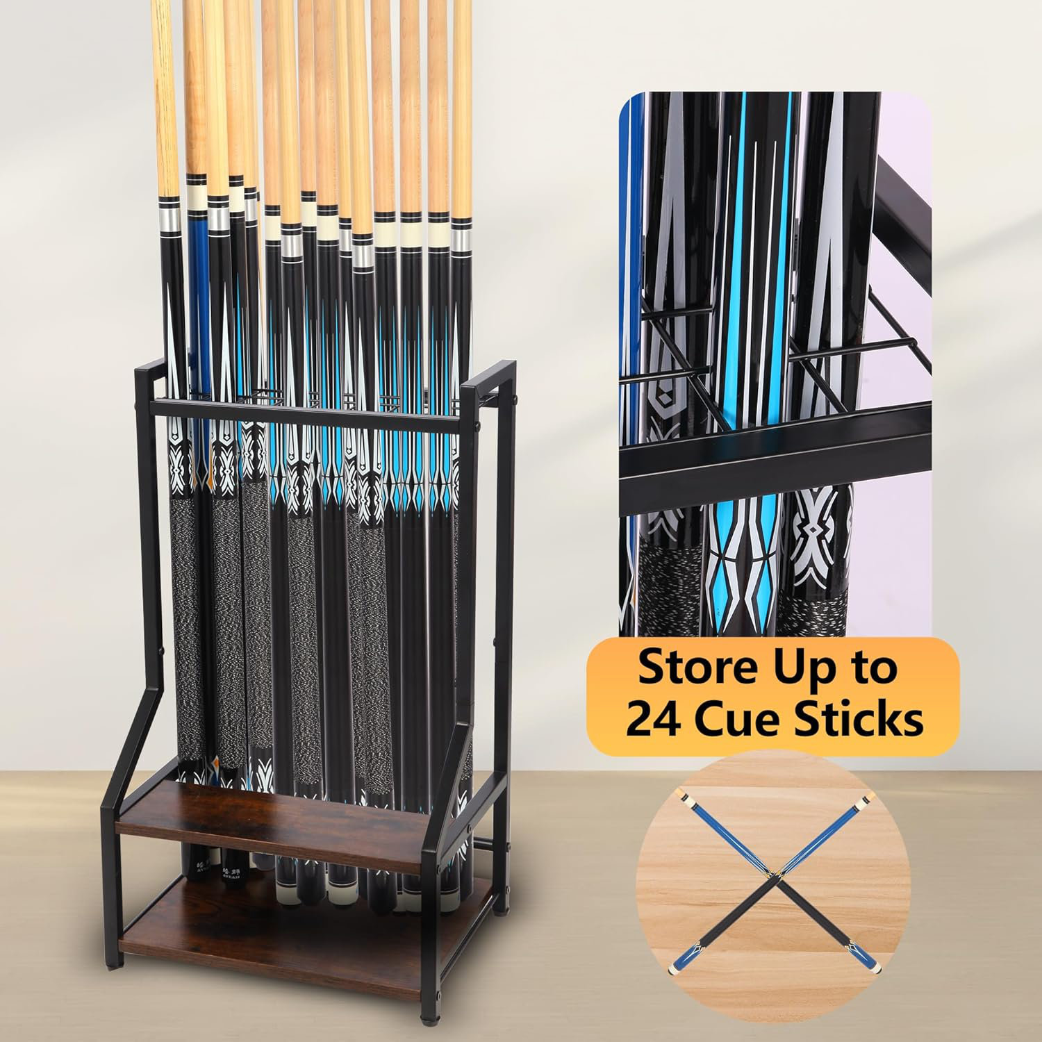 Minecraft Pool Stick Rack Pool Cue Rack Floor Stand 24-Cue Pool Stick Rack With Ping Pong Storage ...