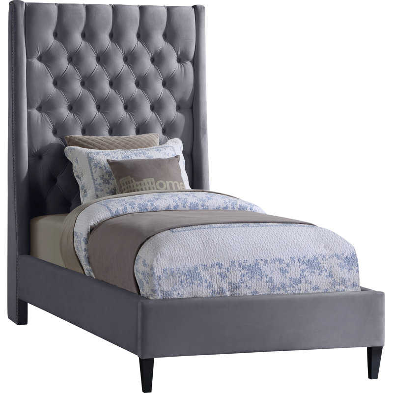 Dymph Upholstered Wingback Bed, Twin, Grey Velvet