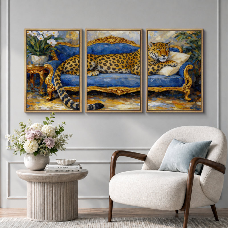 Art léopard sur canapé bleu, photos de salon, impression sur toile encadrée, 3 pièces, H 36 po x l 72 po x P 1,5 po