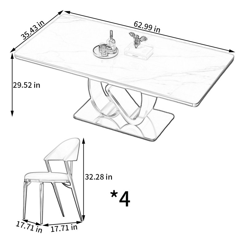 Ensemble de table de salle à manger haut de gamme avec chaises, H 29,52 po x L 62,99 po x l 35,43 po