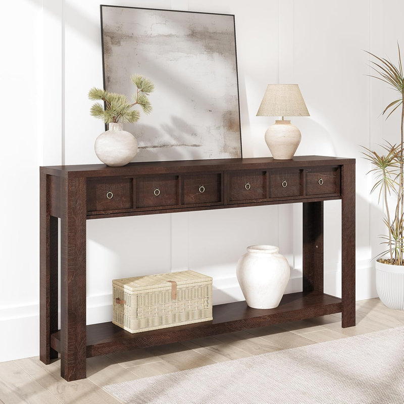 Console de 59 po de long, table d'entrée en bois avec 2 tiroirs et tablette de rangement ouverte, table de canapé derrière le canapé