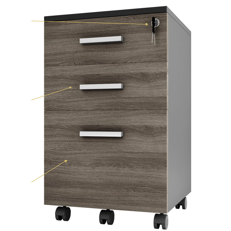 Galia Lazio Hanging File Cabinet W/ 3 Lockable Drawers & Wheels, Slate Gray/Black