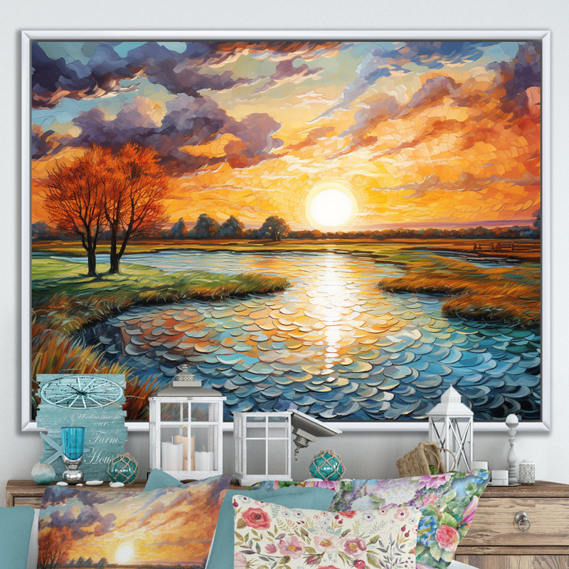 «Sunrise Country Charm» par Vincent sur toile, H 34 po x l 44 po x P 1,5 po, Cadre flottant blanc