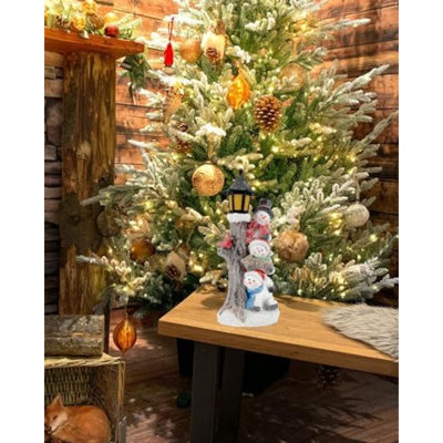 Figurine de bonhomme de neige illuminée empilée avec lanterne de lampadaire - décorations de Noël cardinales en résine 11,2 po d'intérieur - idée de cadeau de Noël unique (Joy Trio)