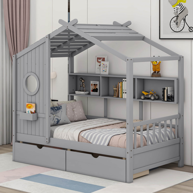 Lompico Wooden House Bed, Twin, Gray
