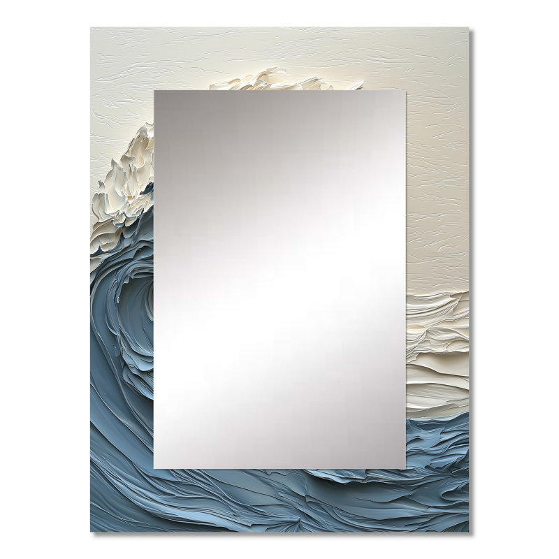 Blanc et bleu Papercut style vague IV - miroir décoratif de vagues, miroir mural blanc, impression d'art en métal