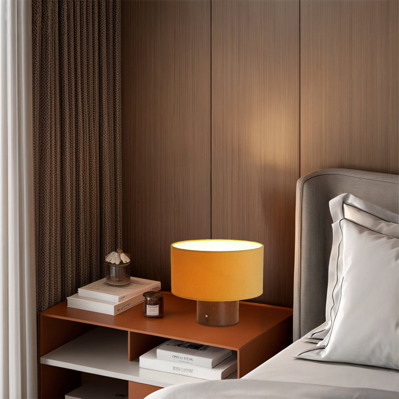 10 po Lampe de bureau et de lecture orange industrielle avec base en bois et abat-jour tambour en velours, Orange