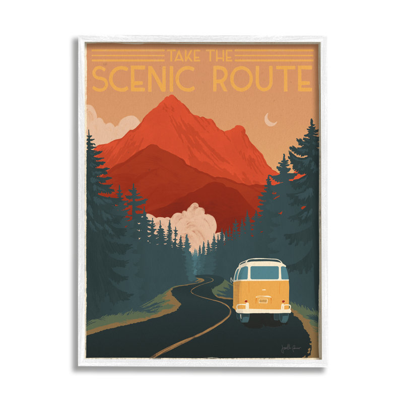 Take the Scenic Route Retro Mountain Travel White Framed Wall Art