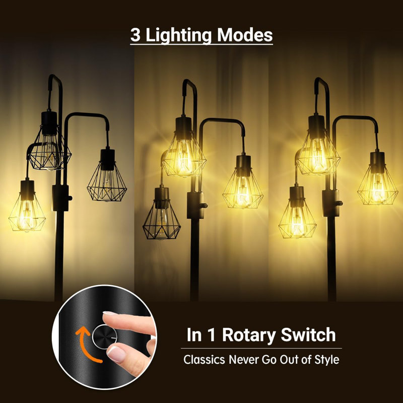 Boostarea Industrial Floor Lamp With Metal Diamond Lampshade, Modern 3-Light Stand Up Lamp For Bedroom, Living Room, Office, Kids Room, Reading, Corded Electric, Remote Control, LED Compatible