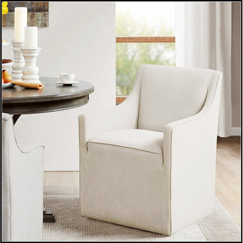 Chaise avec accoudoirs à roulettes à jupe, confortable et élégante pour les salles à manger traditionnelles et rustiques