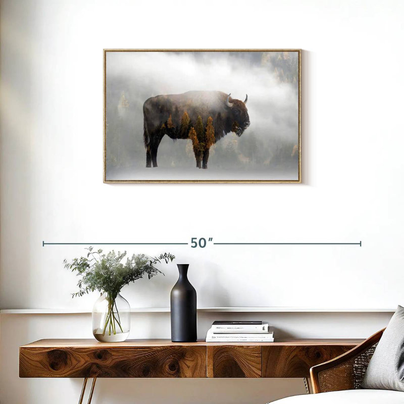 Bison de la forêt de pins, Cadre flottant en bois naturel, 31 po x 21 po