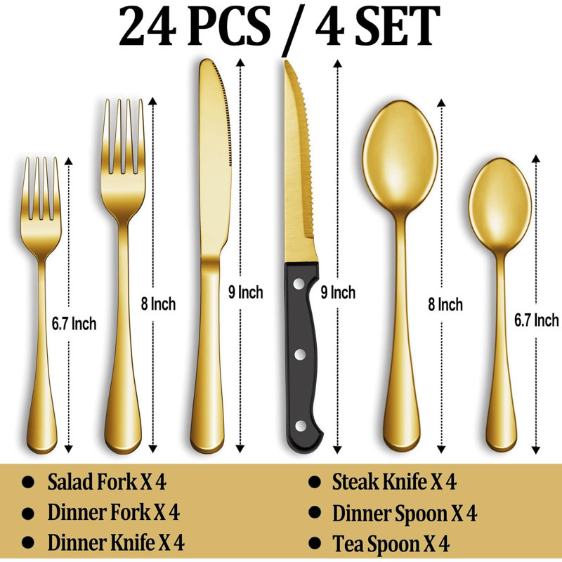 Ensemble de 24 couverts 24 pièces avec service de couteaux à steak, ensemble de couverts en acier inoxydable, ensemble d'ustensiles de couteaux polis miroir, ensemble de vaisselle de cuisine pour la maison, ensemble de cuillères à fourchette, va au la