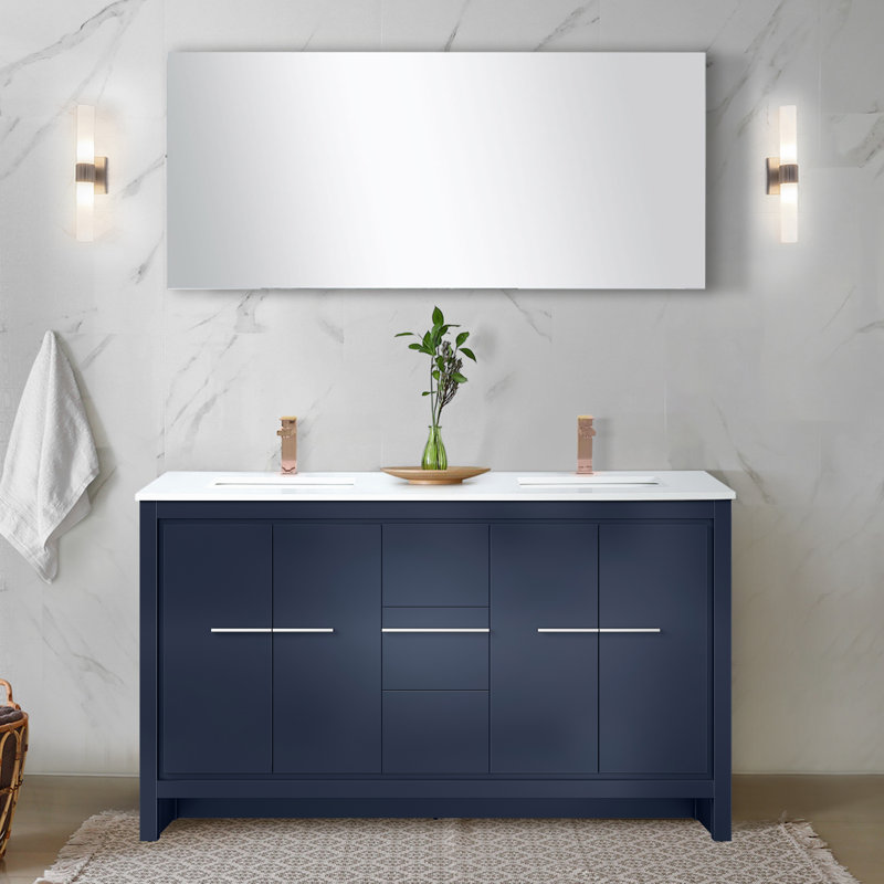 Lafarre 60 in W x 20 in D Double Bath Vanity Faucet Set, Navy Blue, White Quartz
