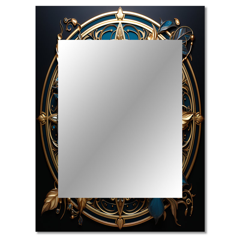 Or et bleu sarcelle fleurs 3D ancien sceau II - Botanicals unique miroir décoratif mural, grand miroir moderne, art imprimé en métal