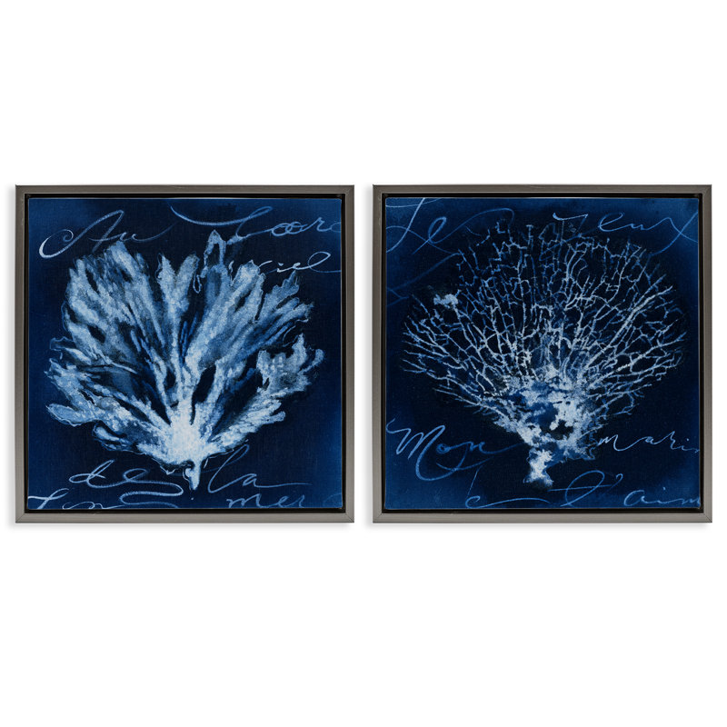 Ensemble de 2 toiles flottantes encadrées bleu foncé par Liz Jardine, Cadre flottant gris lustré, H 18 po x l 18 po