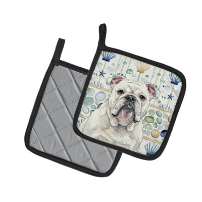 White English Bulldog Coastal Sea Glass Pair of Pot Holders