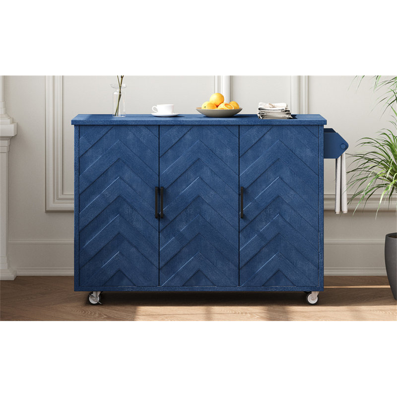 Îlot de cuisine de 51,2 po avec placage de frêne à rayures ondulées 3D (papier pas cher), îlot de cuisine sur roulettes avec support de rangement interne, chariot de cuisine roulant