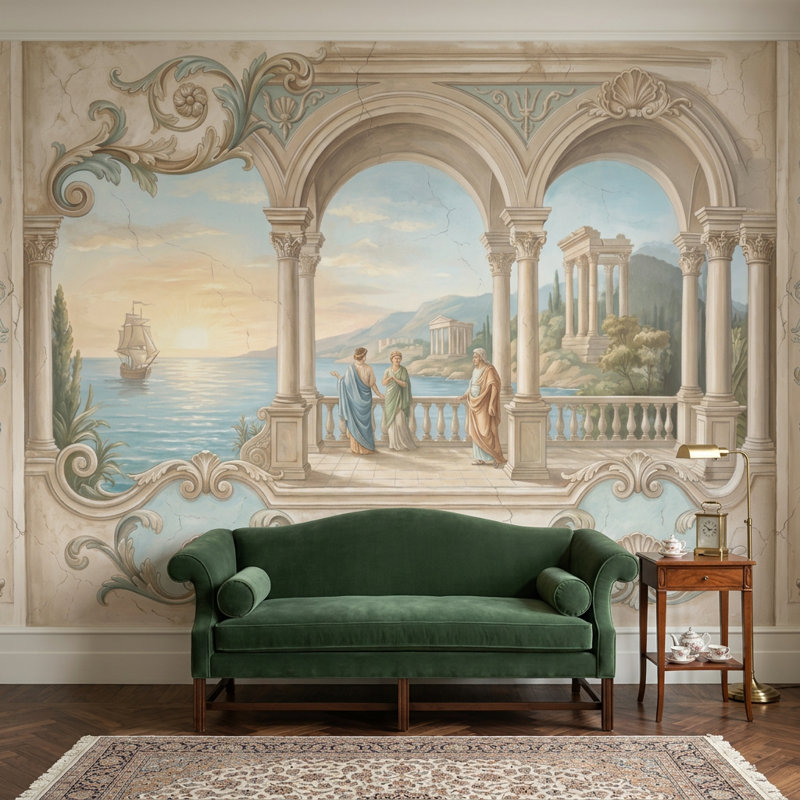 Papier peint classique paysage méditerranéen, arches et colonnes romaines, 160 po x 108 po, Texturé non collé