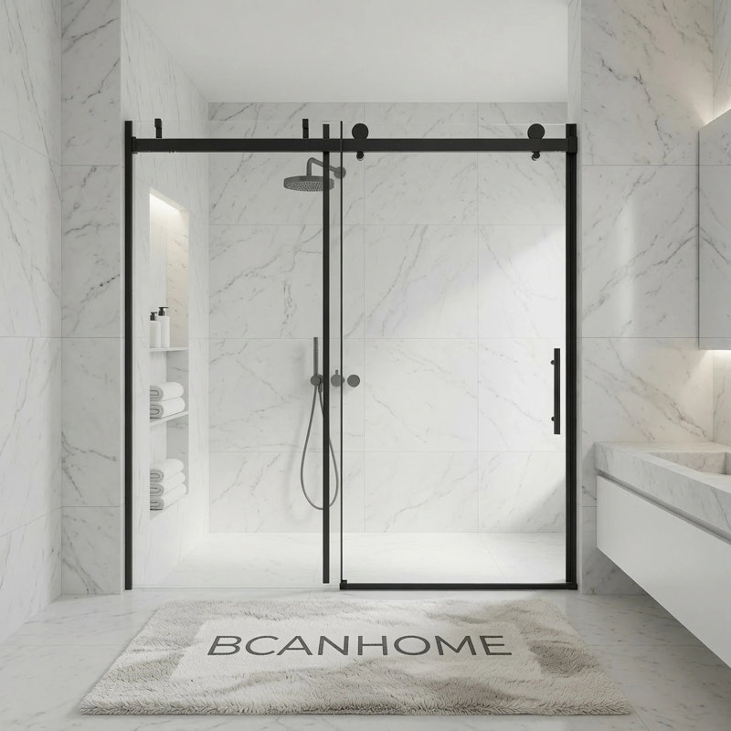 BCANHome Porte de douche coulissante sans cadre avec système d'amortissement tampon l 56 à 60 po x H 76 po | Verre trempé de 10 mm (3/8 po), quincaillerie antirouille en acier inoxydable, film antidéflagrant, coulissant facile à nettoyer et lisse, robuste et durable