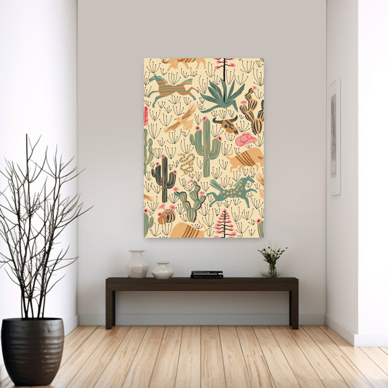 Contemporary Art Modern Retro Rustic Cactus Succulent Landscape Wildlife Wall Art 1 Piece Wrapped Canvas Wall Art, Cream