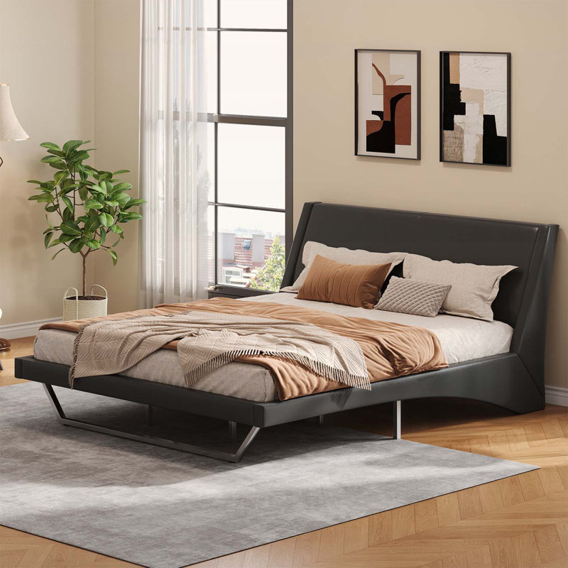 Upholstered Platform Bed with Wave-Like Curve and Trapezoidal Legs,No Box Spring Needed, Black, King