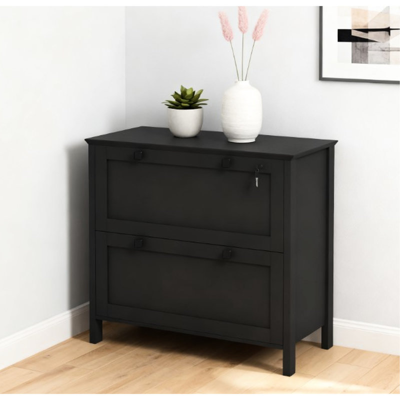 Classeur de bureau à 2 tiroirs avec barre de suspension réglable, panneaux de particules noirs, couvercle verrouillable pour documents, scanneur de table ou effets personnels, 79 cm (L) x 40 cm (l) x 72 cm (H), capacité de charge totale de 60 kg
