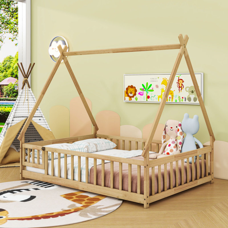 Full Wood Floor Bed With Guardrails, Door And Slats, Tent-Shaped Design, Natural