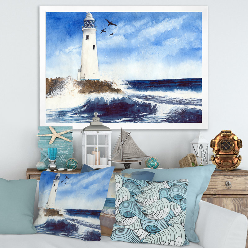 Phare sur une île rocheuse avec des mouettes - Peinture sur toile, H 16 po x l 32 po x P 1,5 po, Toile blanche encadrée