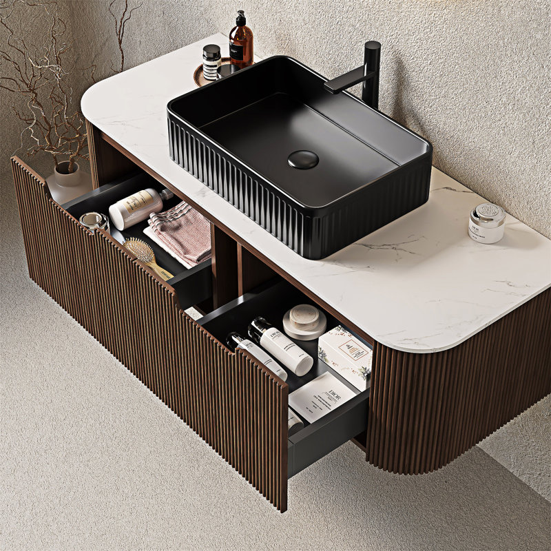 Meuble-lavabo mural flottant avec lavabo, Noyer foncé, Noir