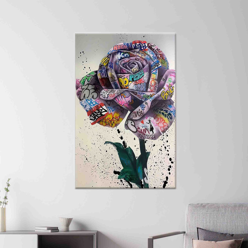 Elegant Banksy Rose Graffiti Art Print on Flat Canvas Wall Decor,1P BlackFramedCanvas, H: 82.7 x W:59.1 inches