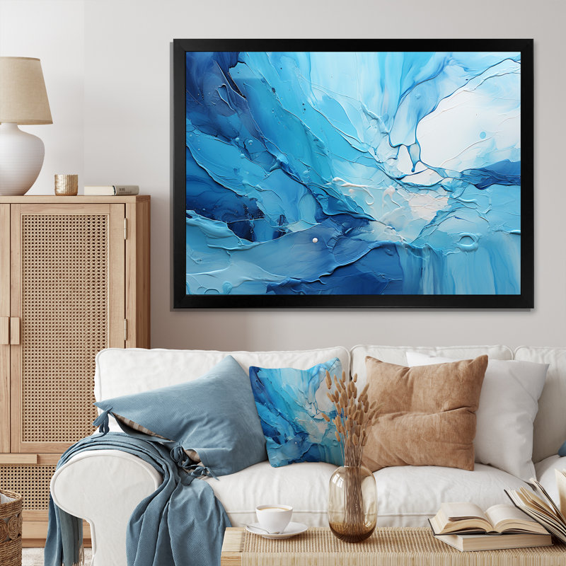 «Blue and White Cool Water Drip I - Abstract Collages, art mural sur toile, Cadre simple noir, H 12 po x l 20 po x P 1 po