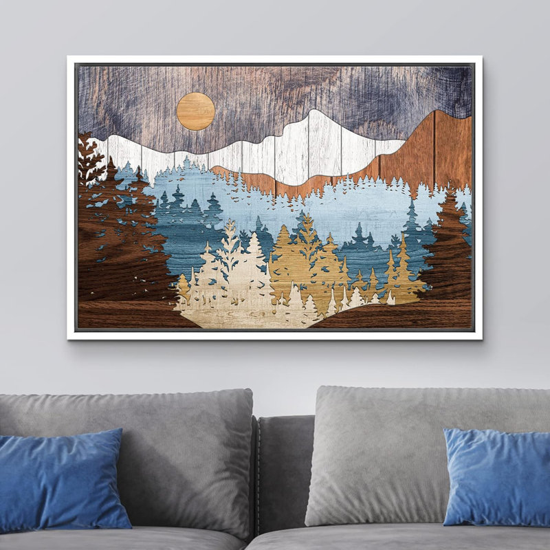 «Western Wood Effect Landscape Abstract Mountain Farmhouse Cabin», impression sur toile encadrée, Cadre flottant blanc