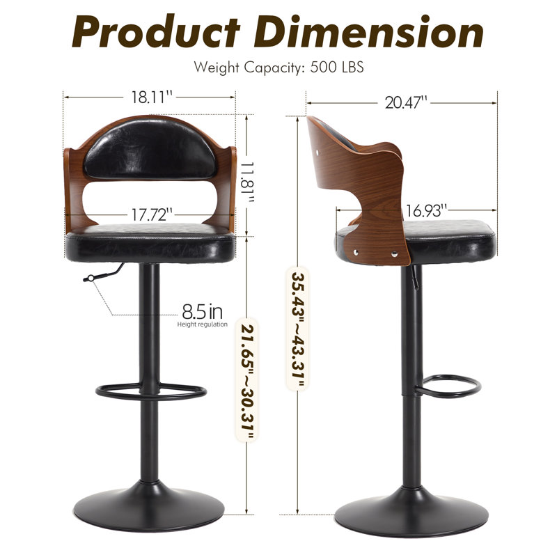 Modern Swivel Bar Stools Set Of 4, Wooden Upholstered Pu Leather Barstools With Back & Footrest, Counter Height Bar Chairs For Kitchen Island