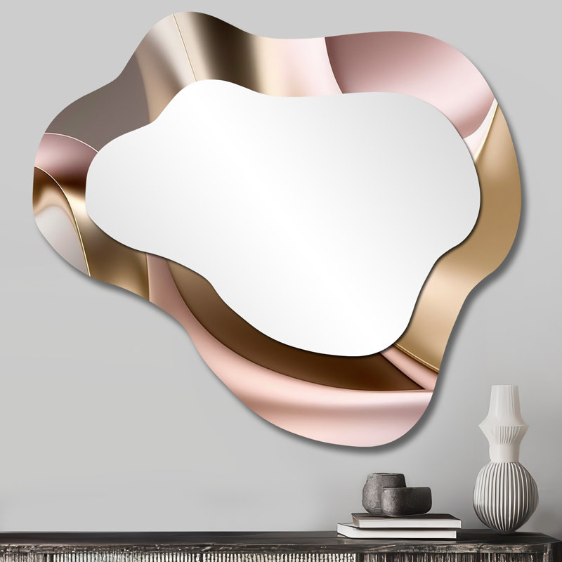 Minimal Liquid Gold And Taupe Waves III - Liquid Ink Asymmetrical Decorative Wall Mirror, Modern Cloud Mirror, Printed Metal Art