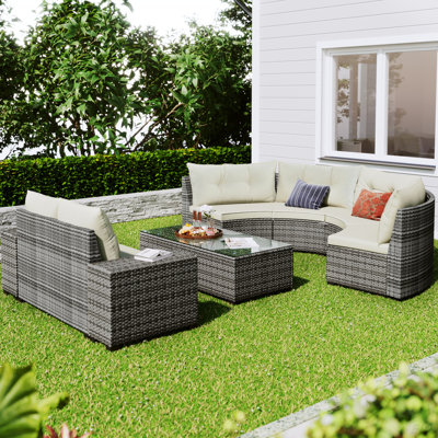 8-Pieces Outdoor Wicker Round Sofa Set, Half-Moon Sectional Sets All Weather, Curved Sofa Set With Rectangular Coffee Table, PE Rattan Water-Resistant And UV Protected, Movable Cushion(Patio Sofa)