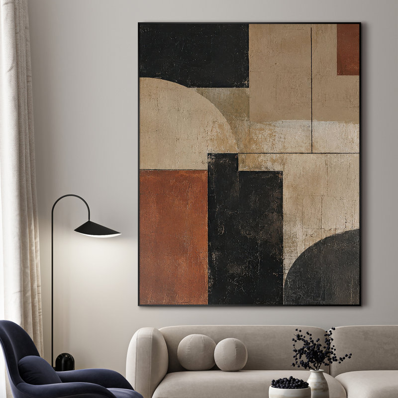 Très grande reproduction d'art sur tissu - Blocs géométriques modernes de couleur rouille noire et beige pour le salon ou la chambre à coucher - «Assemblage requis du cadre (cadre non fini)»