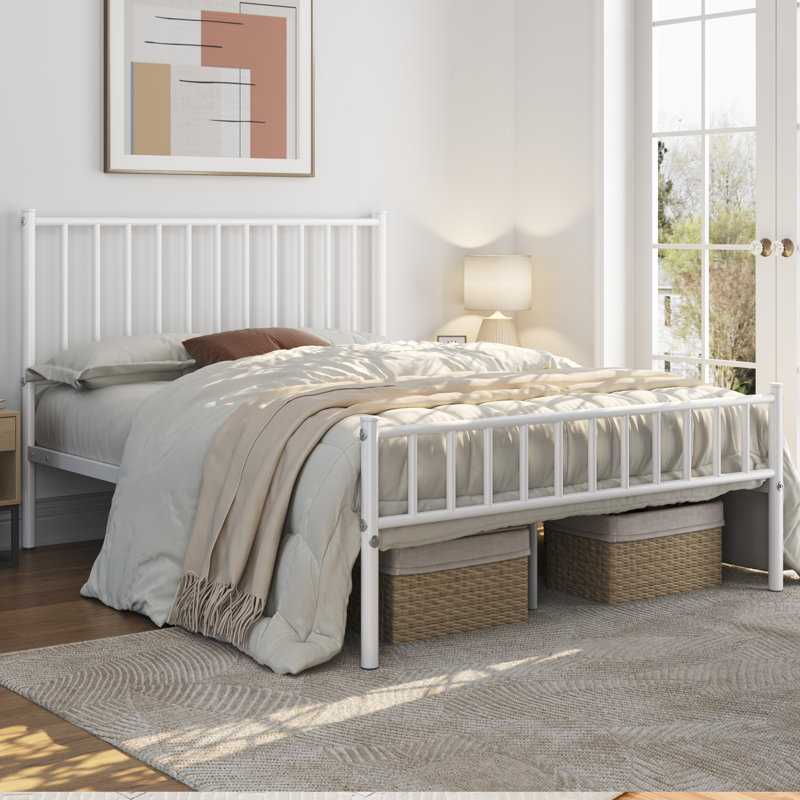 Birmati Metal Platform Bed Minimalist Bed Frame with Headboard and Footboard, White, Queen