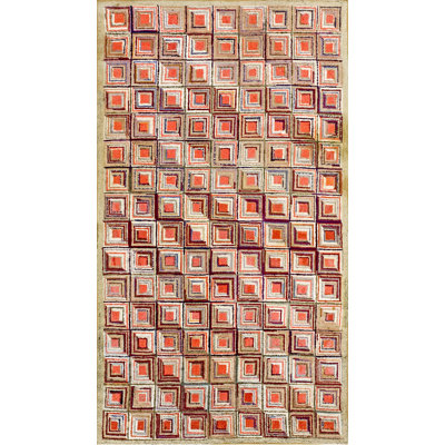 Antique American Folk Art Geometric Log Cabin Squares Design Hooked Rug