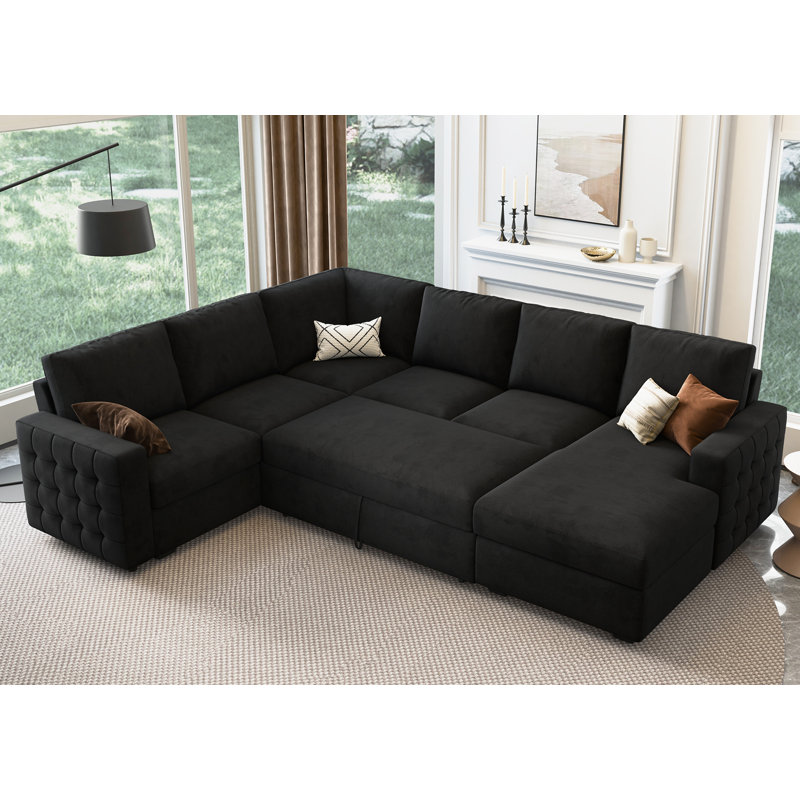 Chasidi U-Shaped Sectional Sofa Bed Pull Out Sleeper Couch With Storage Chaise, Black Velvet