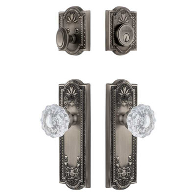 Grandeur Parthenon Long Plate Entry Set with Versailles Crystal Knob in Antique Pewter