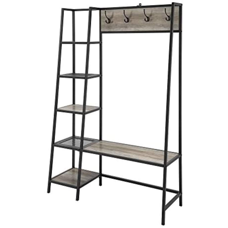 Versatile Industrial Hall Tree - With Metal Frame And 6 Shelves, Gray Wash