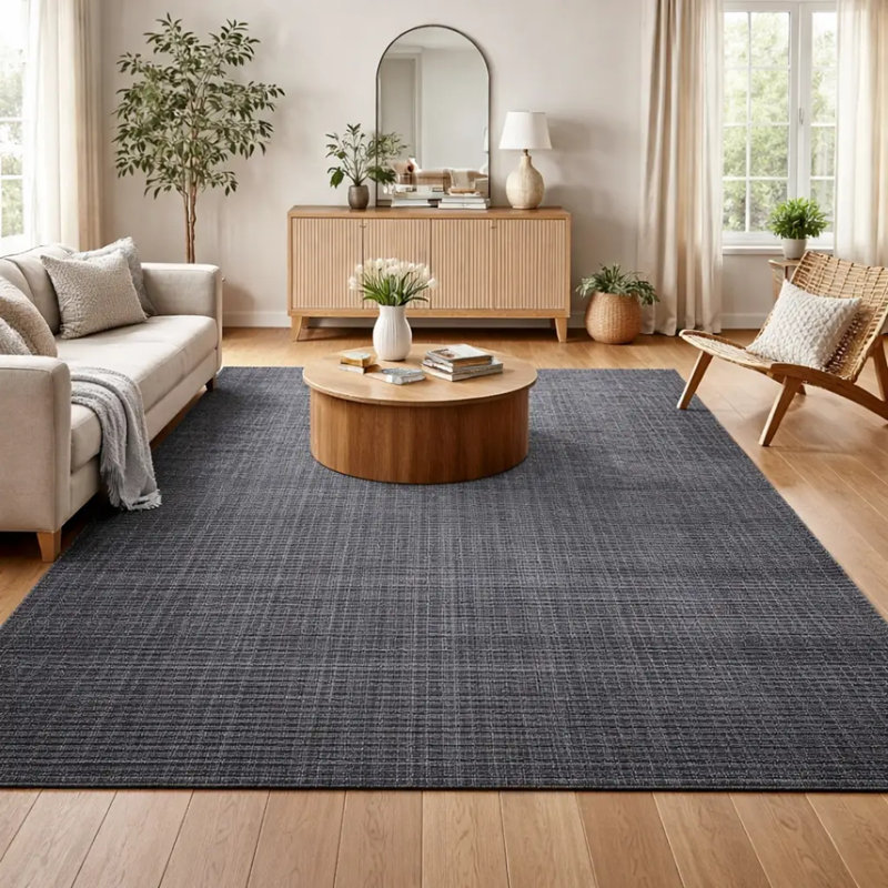 Tapis tissé à la main | Tapis en laine et bambou en soie moderne | Tapis d'intérieur gris anthracite de 7 mm d'épaisseur
