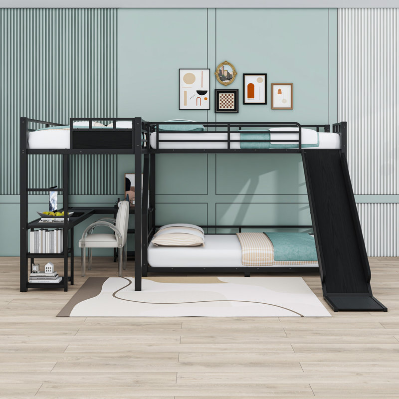 Metal L‑Shaped Bunk Bed With Loft Bed, Desk, Shelves, Slide and USB Charging Port, Twin XL Over Queen