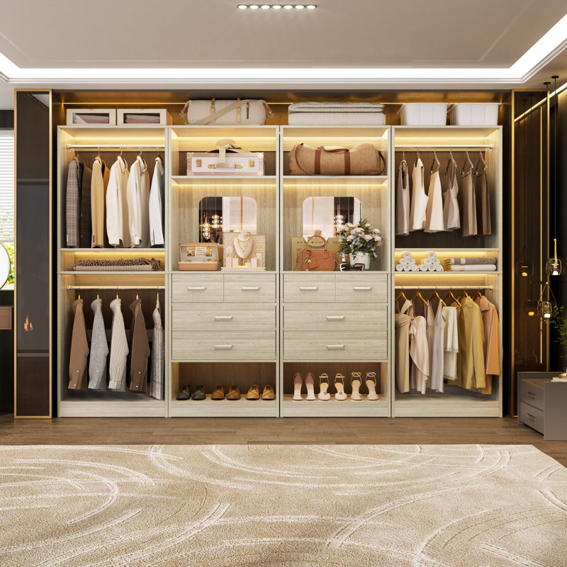 100" Closet System With Drawers, Closet Organizer With Hanging Rods And Mirror Design, Washed Oak