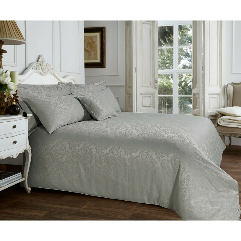 Addyston Cotton Blend, Polyester Damask Duvet Cover Set with Pillowcases, Grey, Kingsize - 2 Standard Pillowcases