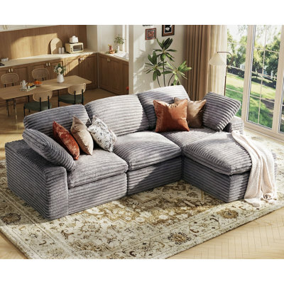 Canapé modulaire en velours côtelé en forme de L avec repose-pieds KKL 118 po, sans assemblage requis, gris